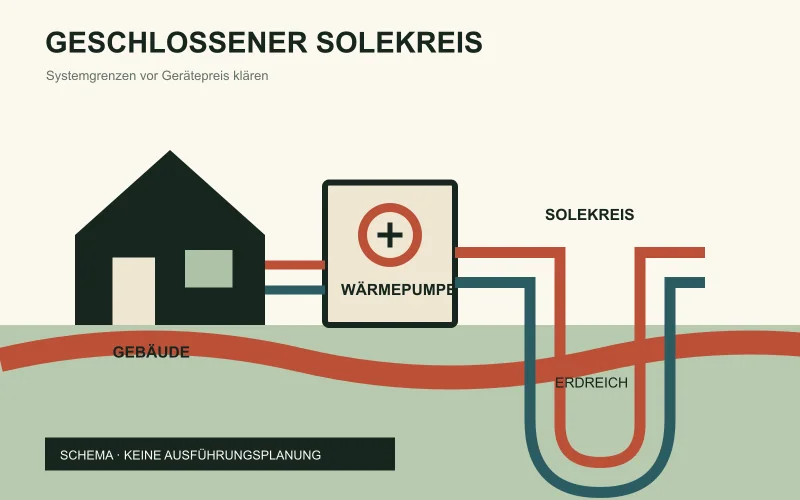 Schematische Darstellung von Gebäude, Wärmepumpe und geschlossenem Solekreis im Erdreich