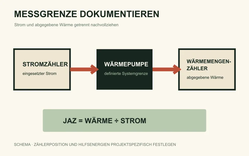 Schematische Messkette mit Stromzähler, Wärmepumpe und Wärmemengenzähler
